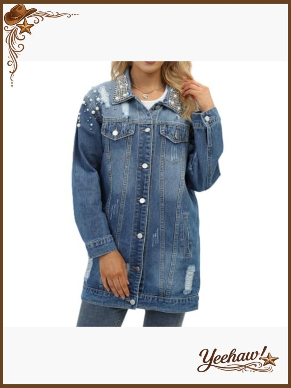 Long Sleeve Button Down Pearl Jean Jacket Boyfriend Denim Coat - Picture 5 of 7
